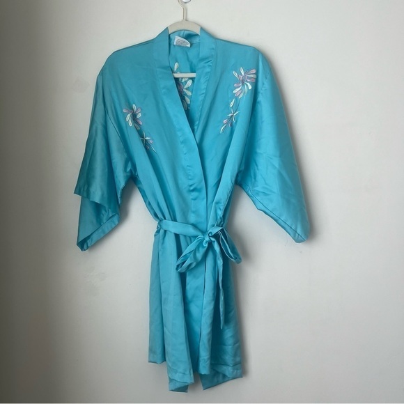 Vintage 90s Elyse of California Blue Satin Floral Embroidered Robe S - Picture 1 of 3
